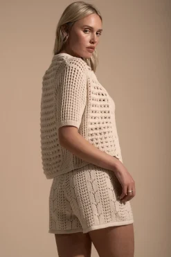 Elementary Dune Crochet Detail Collared Cardi